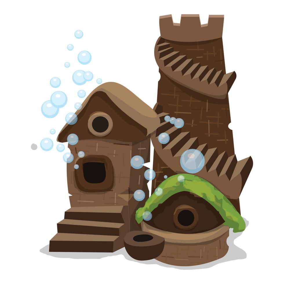 Aquarium fish castle icon, cartoon style vector