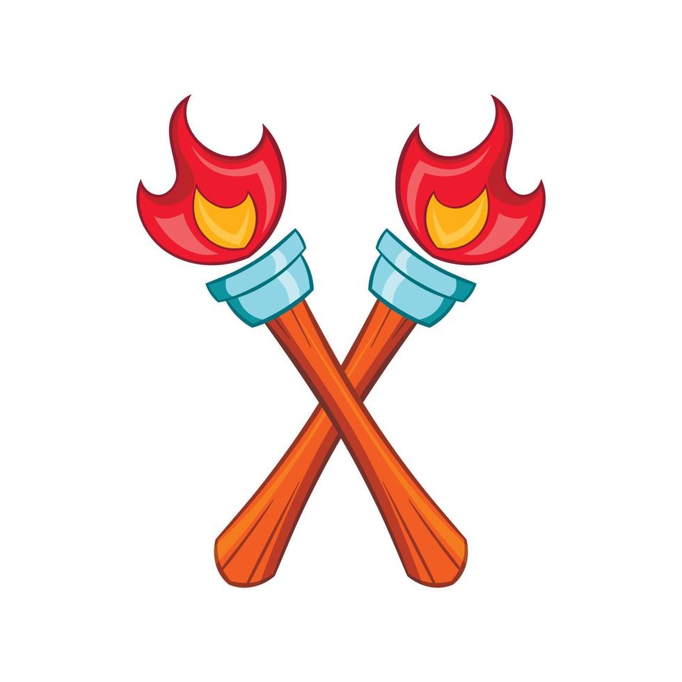 Crossed flaming torches icon, cartoon style vector
