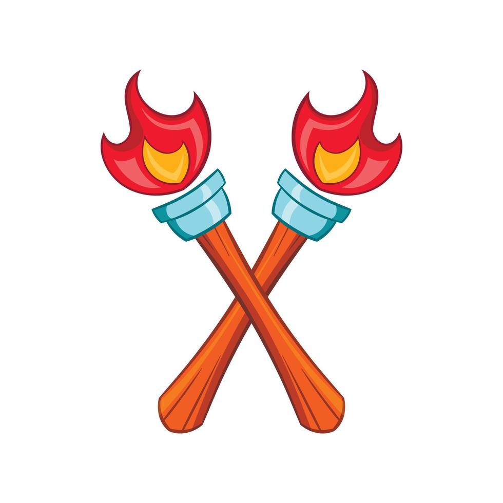 Crossed flaming torches icon, cartoon style vector