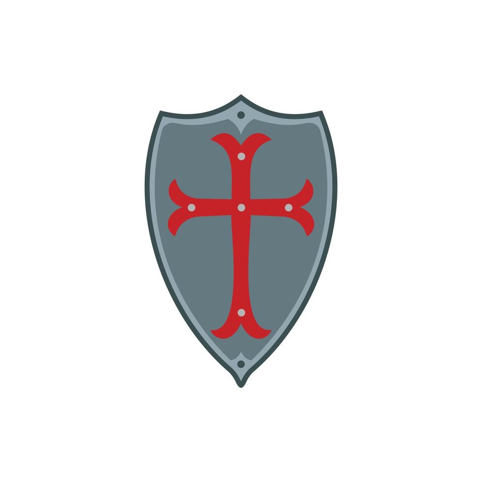 Medieval shield with red cross icon, flat style vector