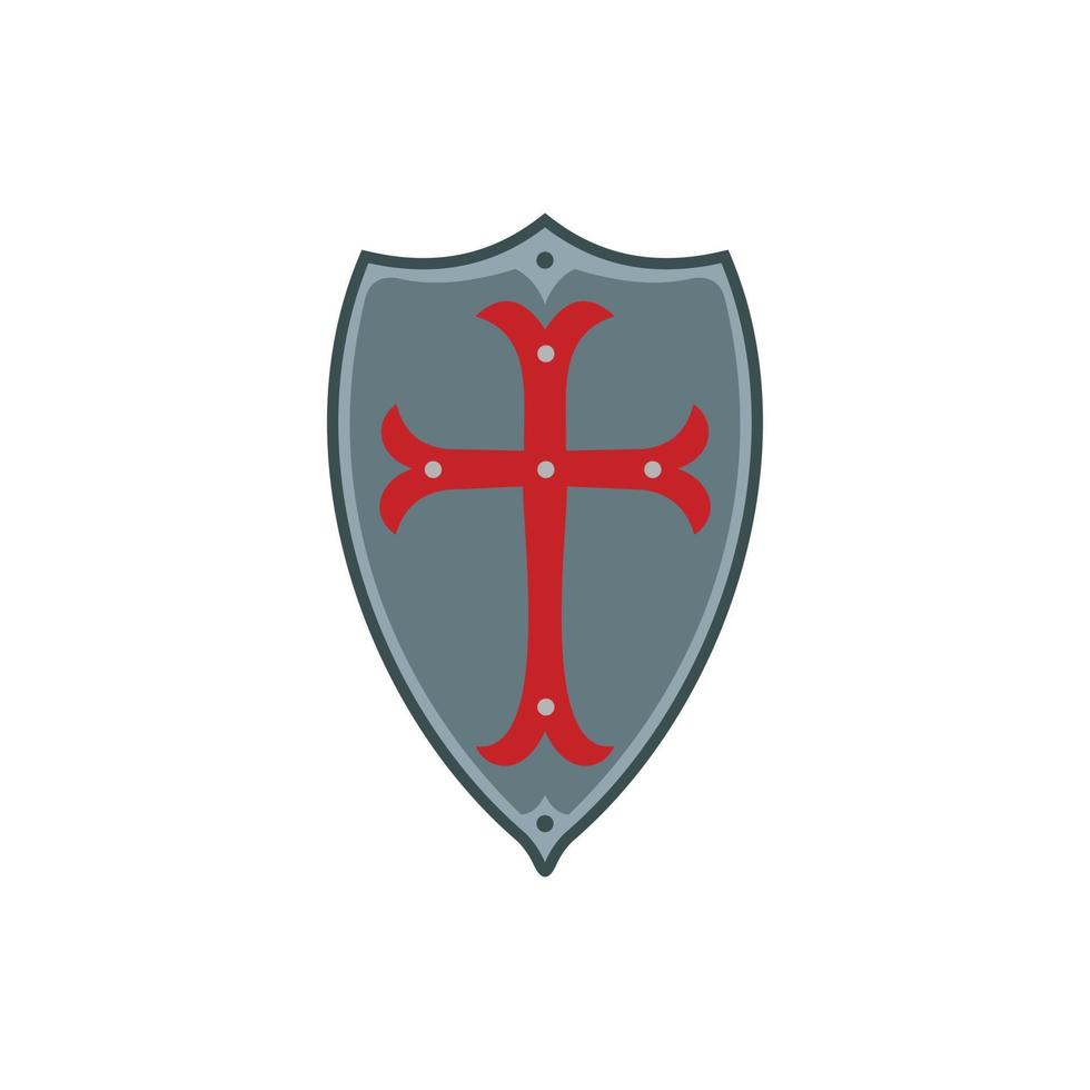 escudo medieval con icono de cruz roja, estilo plano vector