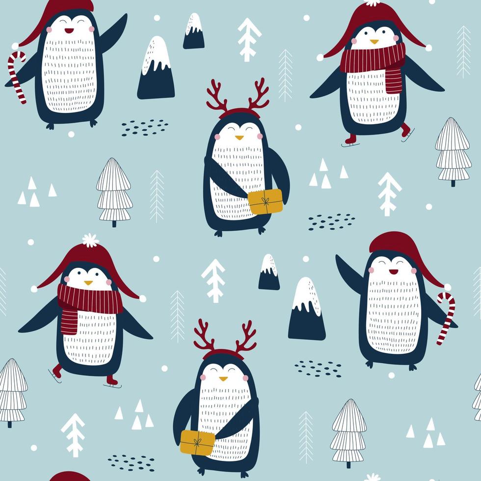 patrón sin costuras de navidad con lindo pingüino. ilustraciones vectoriales vector