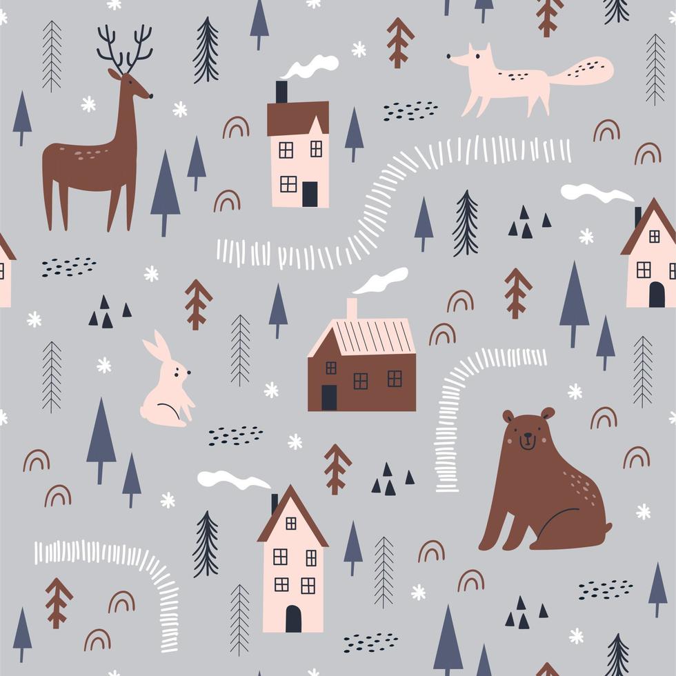 Christmas seamless pattern with cute forest animals. Vector