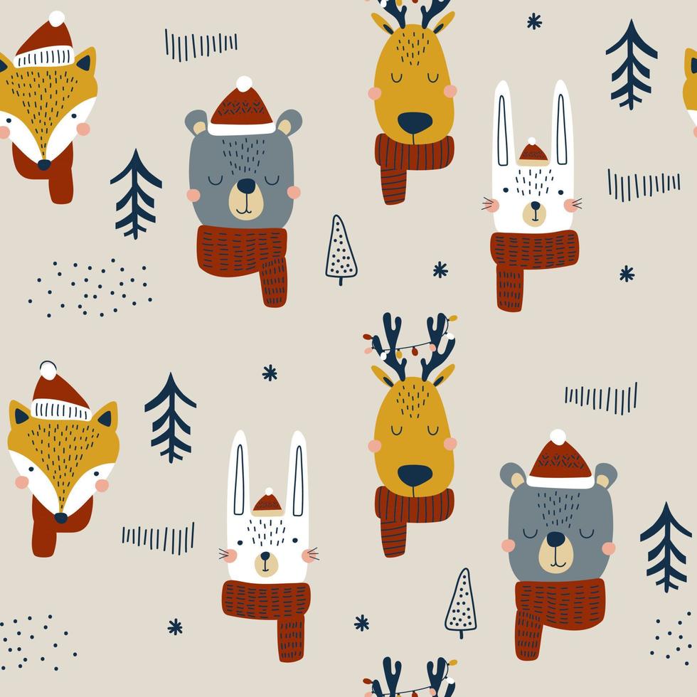 Christmas seamless pattern with cute forest animals. vector illustrations