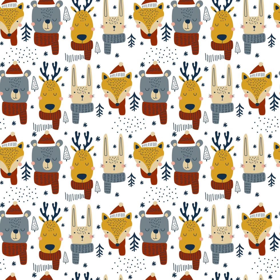 Christmas seamless pattern with cute forest animals. Vector