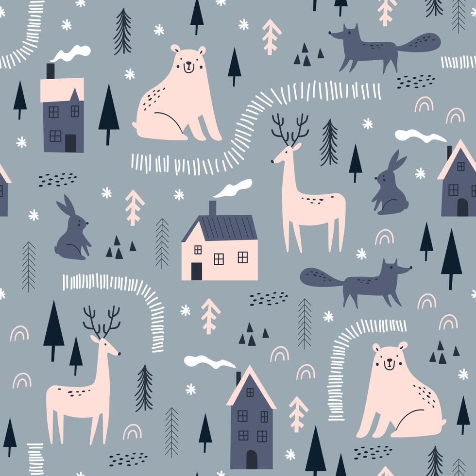 Christmas seamless pattern with cute forest animals. Vector