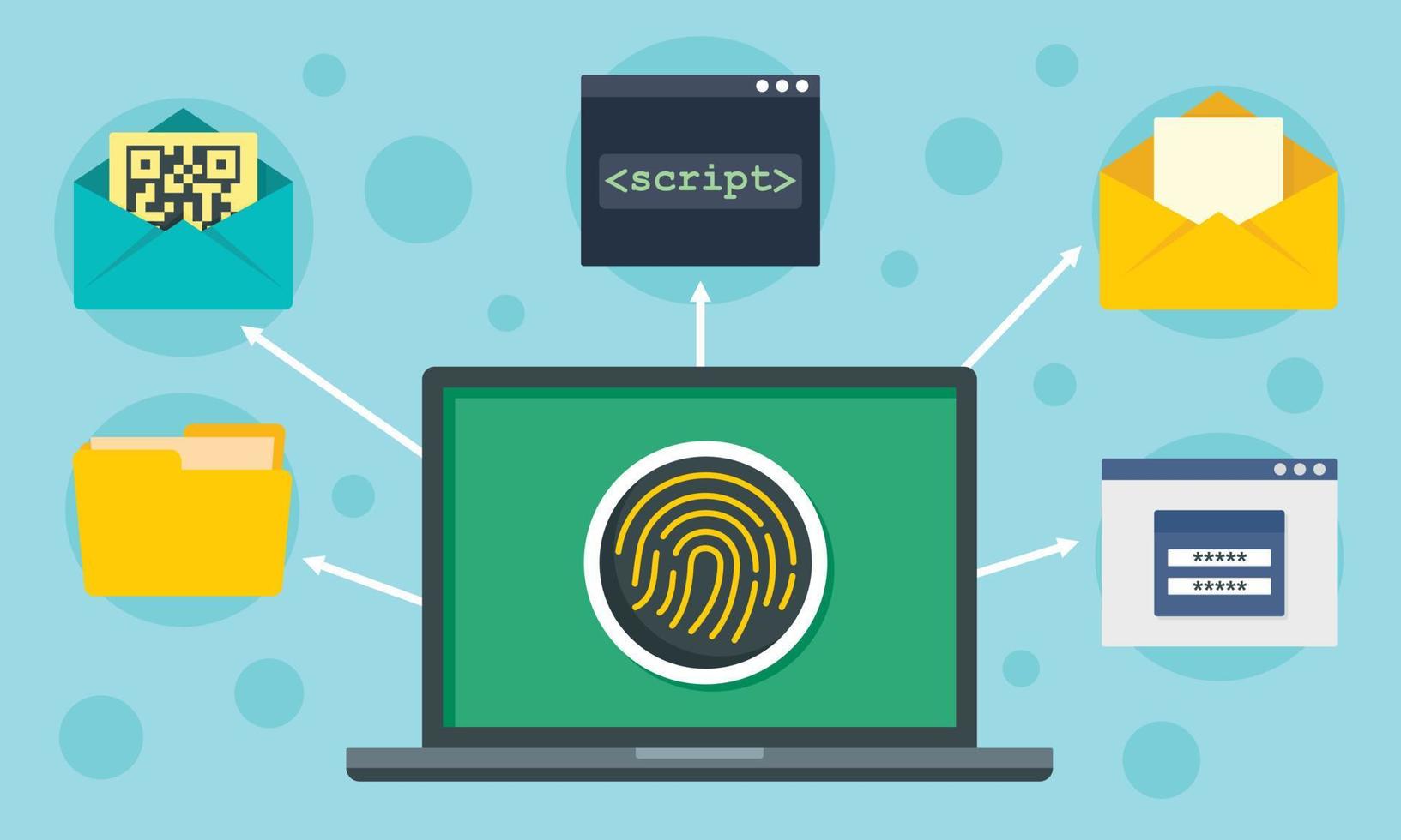 Fingerprint laptop security concept background, flat style vector