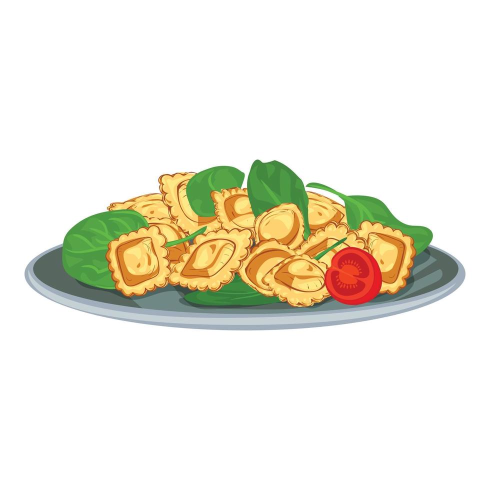 pasta italiana con icono de espinacas, estilo de dibujos animados vector