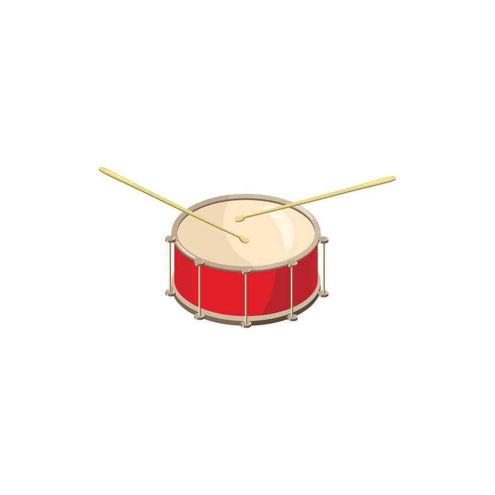 Red drum and drumsticks icon, cartoon style vector