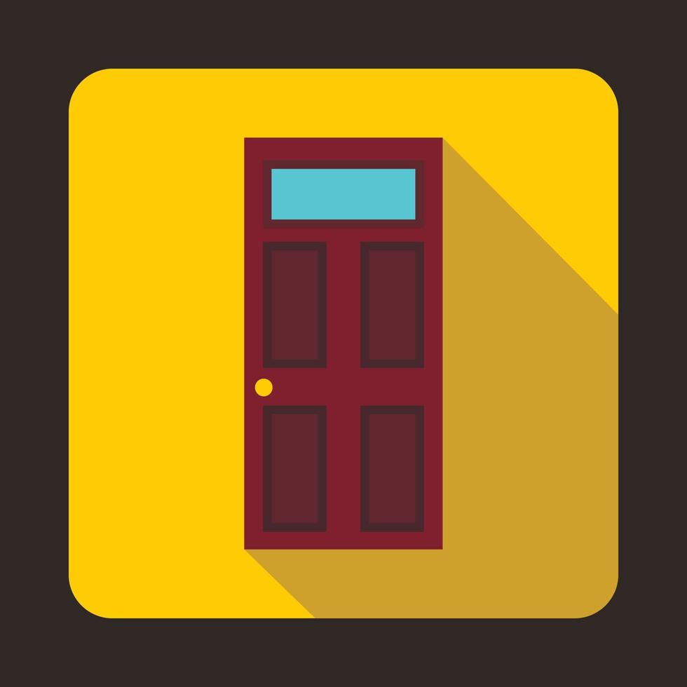 Brown wooden door with glass icon, flat style vector