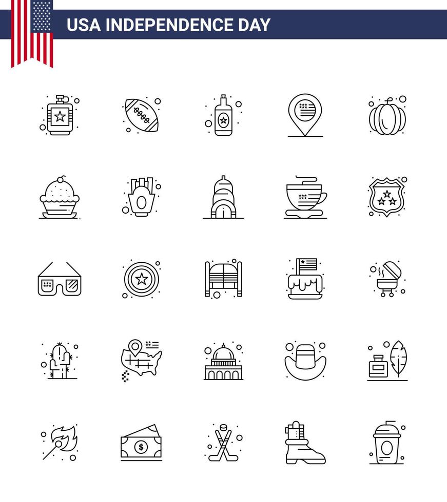 USA Independence Day Line Set of 25 USA Pictograms of pumpkin sign american ball map american Editable USA Day Vector Design Elements