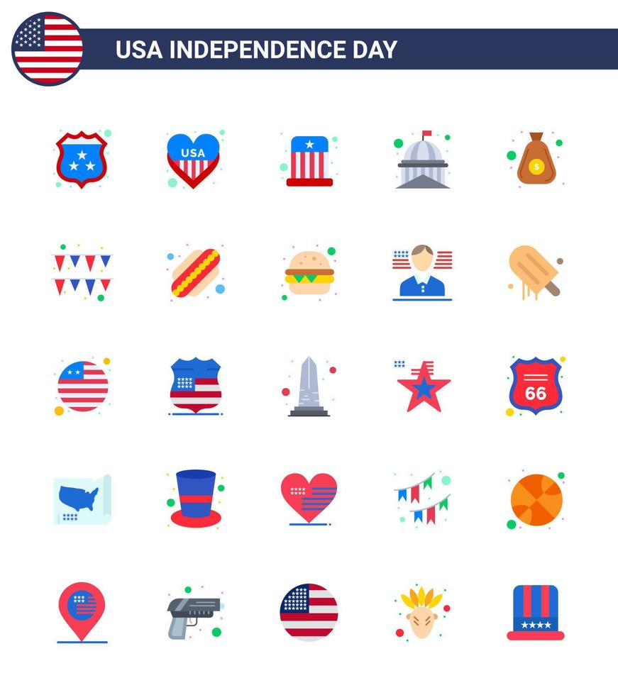 Modern Set of 25 Flats and symbols on USA Independence Day such as dollar usa circus landmark building Editable USA Day Vector Design Elements
