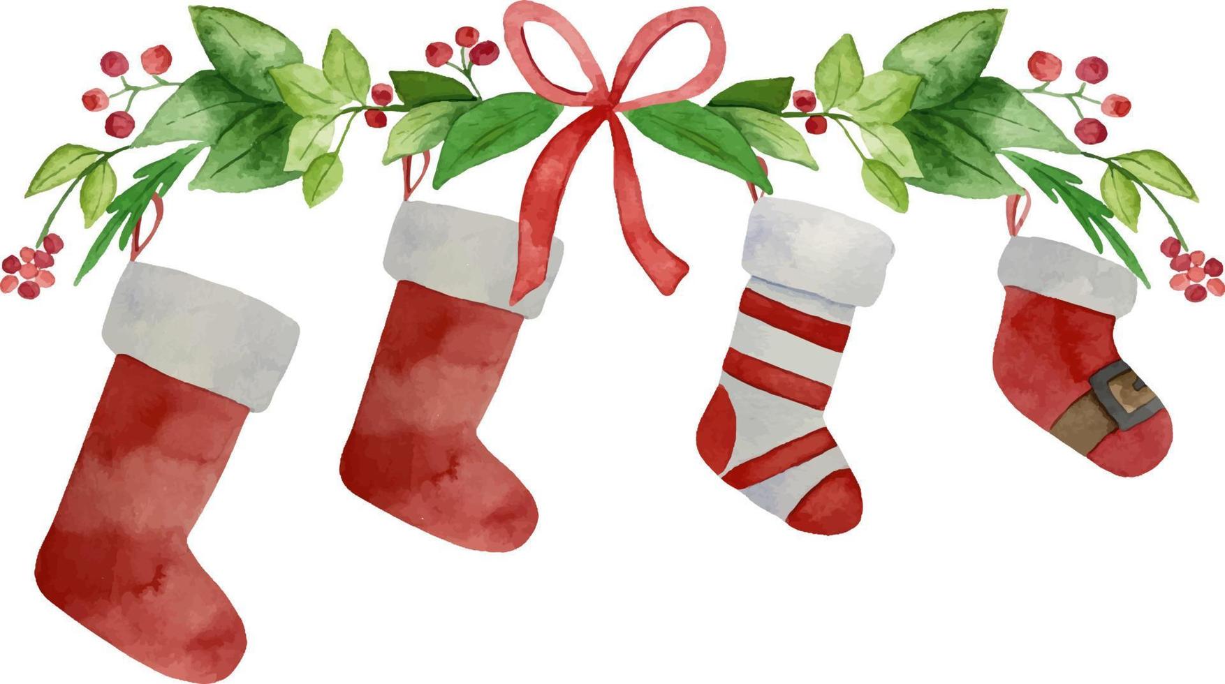 concepto de impresión familiar navideña con calcetín de acuarela para cuatro. calcetines rojos y verdes para chimenea colección navidad. tarjeta familiar de decoración sobre fondo blanco. vector