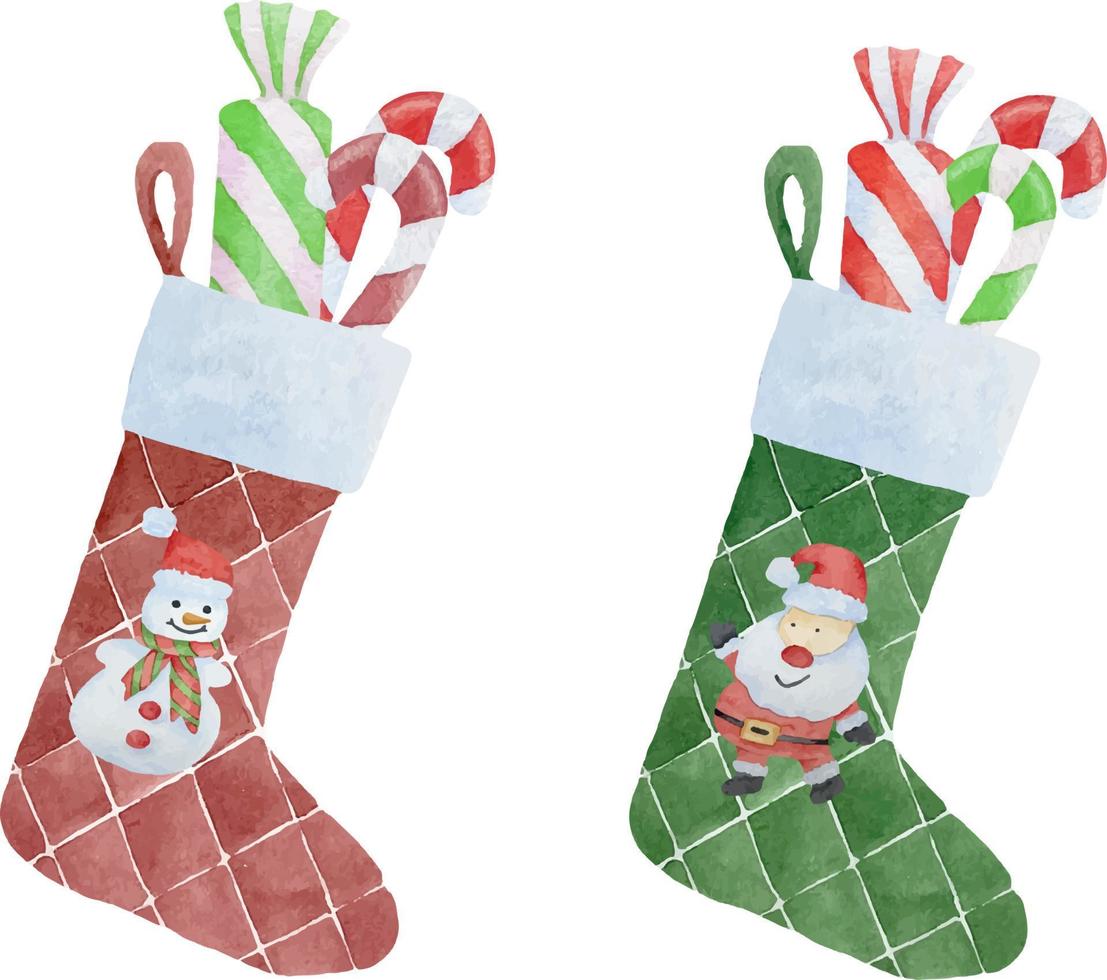 Watercolor Christmas red and green stocking with gifts and sweets on white background. Watercolour winter season holidays illustration. vector