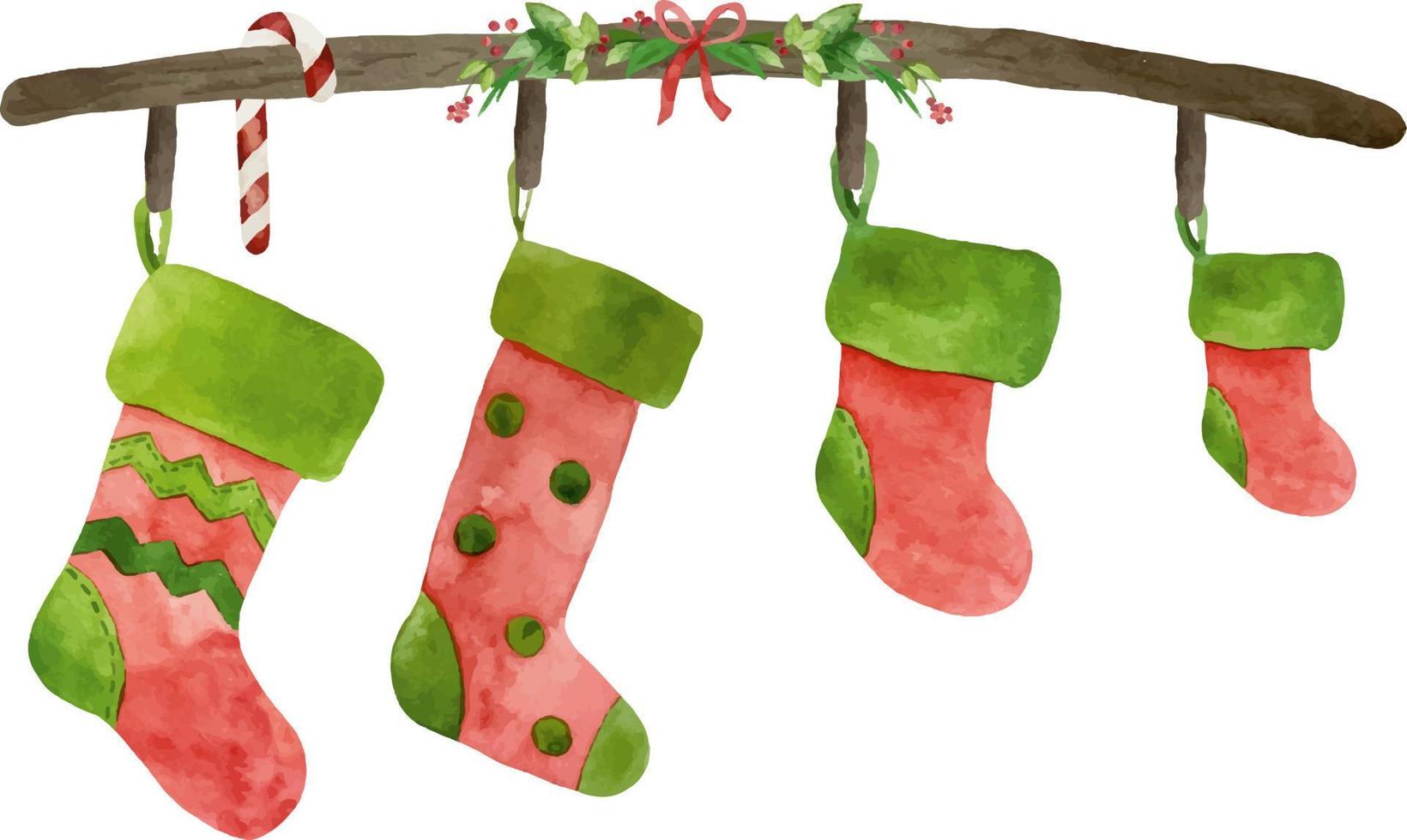 Christmas family print concept with watercolor stocking for four. Red and green fireplace socks xmas collection. Decoration family card on white background. vector