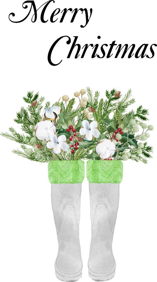 Watercolor Christmas wellies with fir branches and flowers. Xmas green and red rain boots for wellington rain boots picture gifts. Holiday invitation with welly boots and pine tree branches. vector