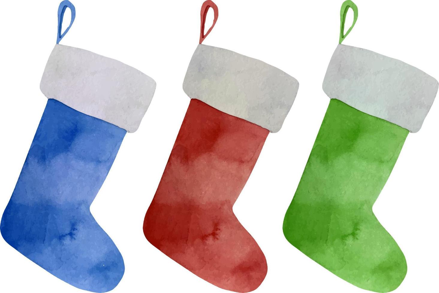 conjunto de medias de rayas navideñas tradicionales acuarelas con caja de regalo. ribete de pelo y calcetines clásicos a juego de color rojo, verde y blanco. vector