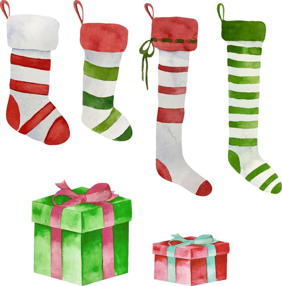 Set of watercolor traditional Christmas striped stockings with gift box. Fur trim and classic red, green and white color match socks. vector