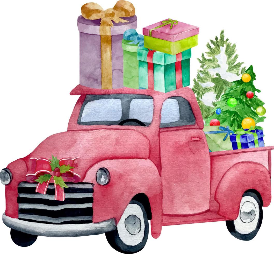 Watercolor red christmas truck with pine tree and gift boxes. vector