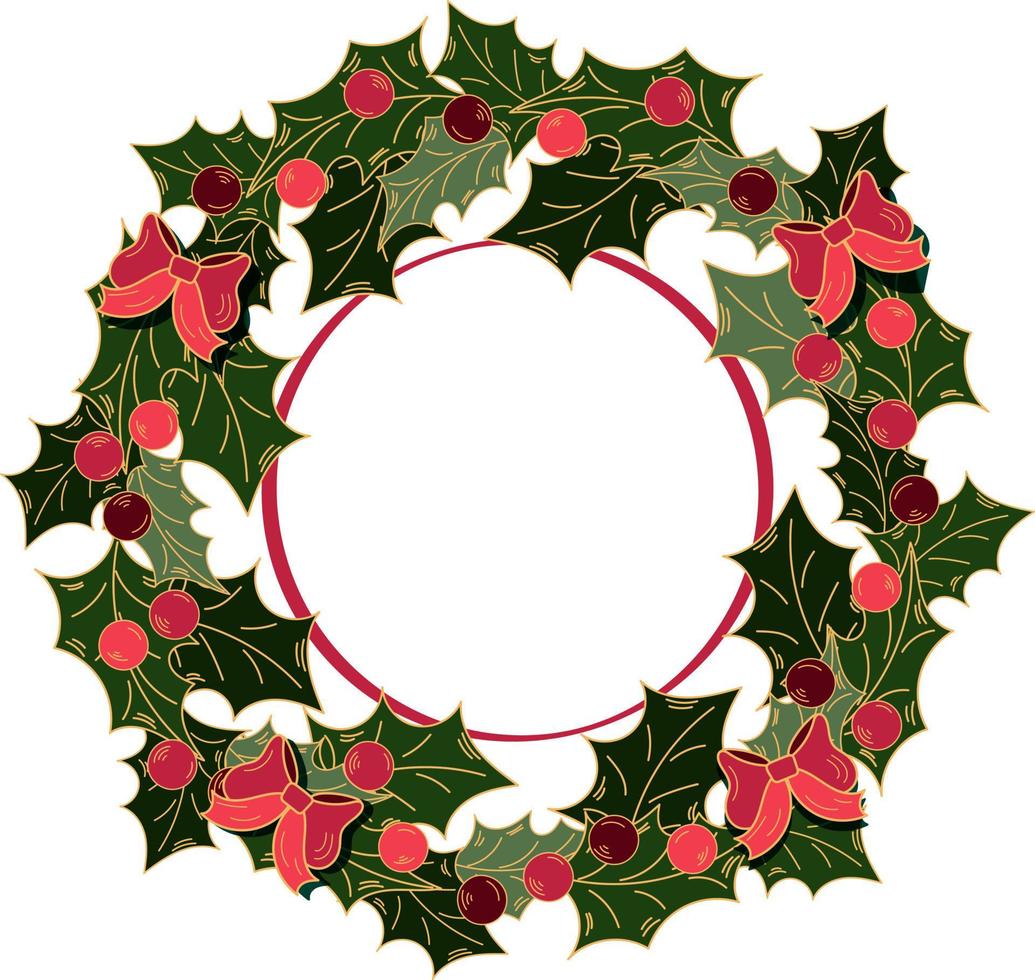 Christmas door decoration, holly wreath with berries and bows, doodle style isolated on white background vector