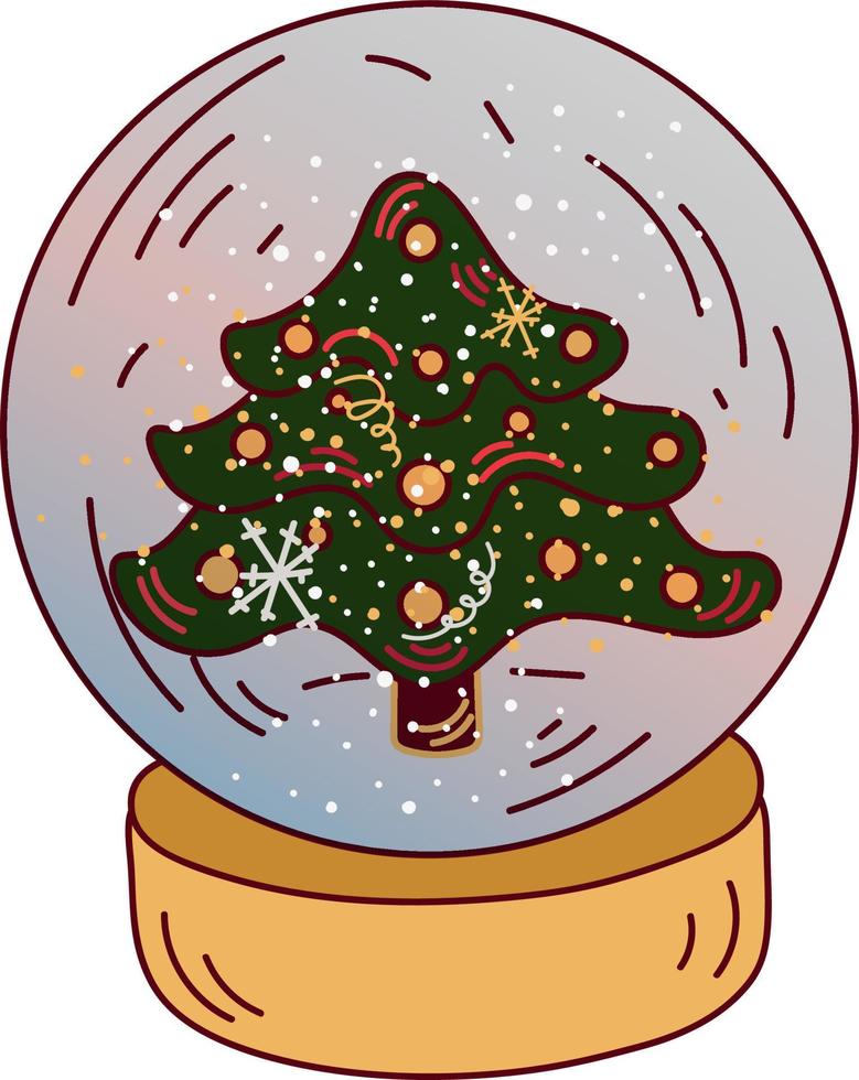 Christmas snow globe with deorated tree doodle style. Isolated on white background vector