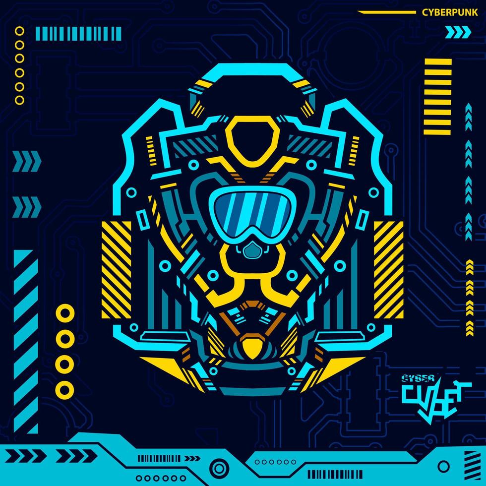 Goggles for sport activity cyberpunk blue design with dark background. Abstract technology vector illustration.