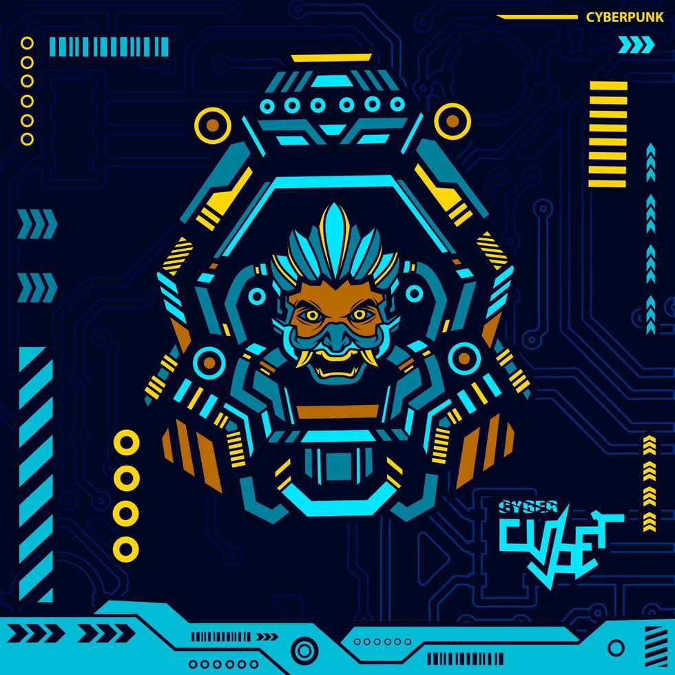 Samurai cyberpunk ninja design with dark background. Abstract technology vector illustration.