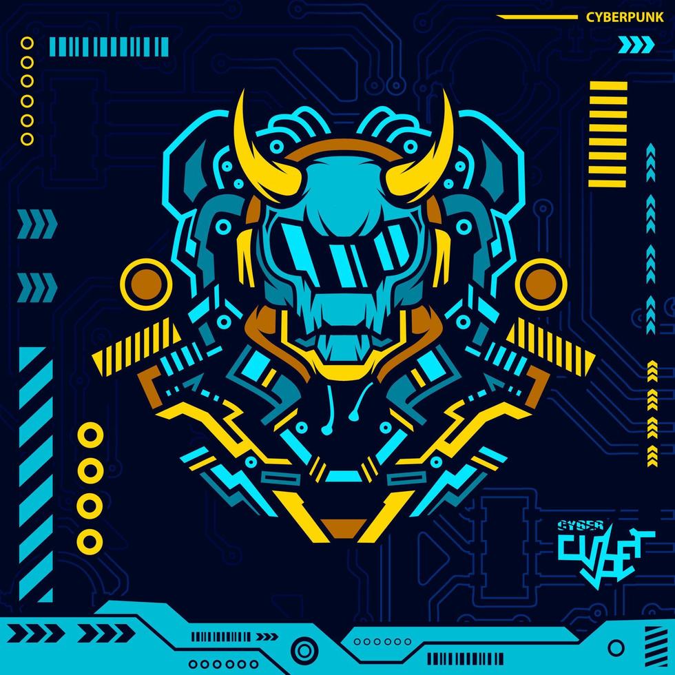 Robot skull in neon cyberpunk blue design with dark background. Abstract technology vector illustration.