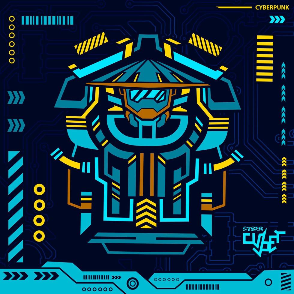 Samurai cyberpunk ninja design with dark background. Abstract technology vector illustration.