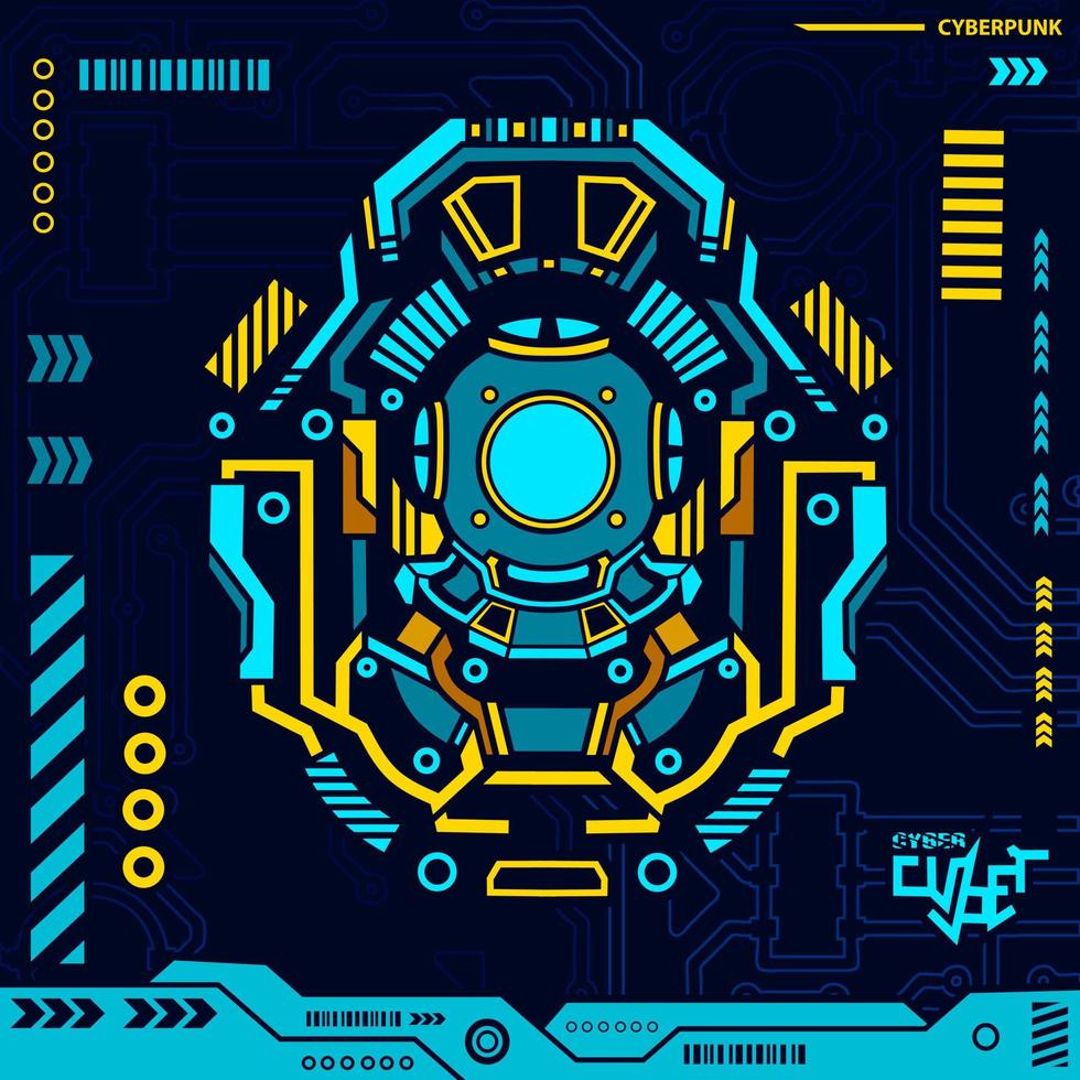 Scuba diving helmet cyberpunk blue design with dark background. Abstract technology vector illustration.