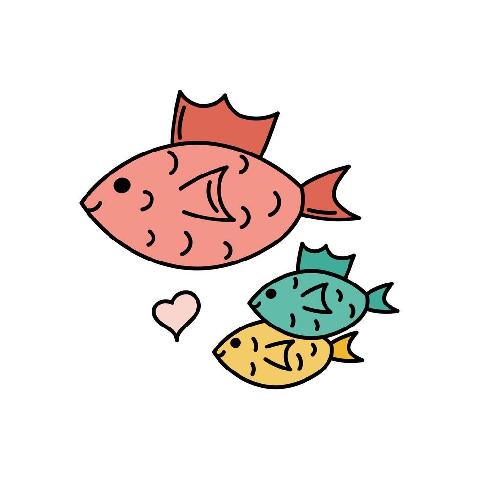 familia de peces pez mamá y dos bebés en un lindo estilo de garabato. ilustración vectorial de dibujos animados contorno mar moradas para niños vector
