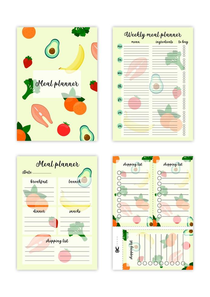Meal planner book. Vector set of printable pages. Blank templates of weekly and daily cooking plan and shopping lists. Illustrations with food on background