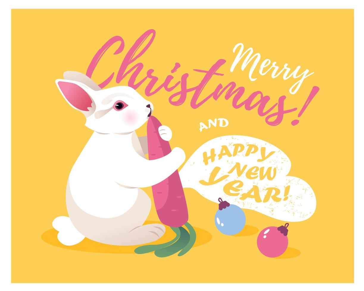 Cute rabbit with a carrot. Greeting card for Christmas and New Year with a rabbit. Vector illustration.