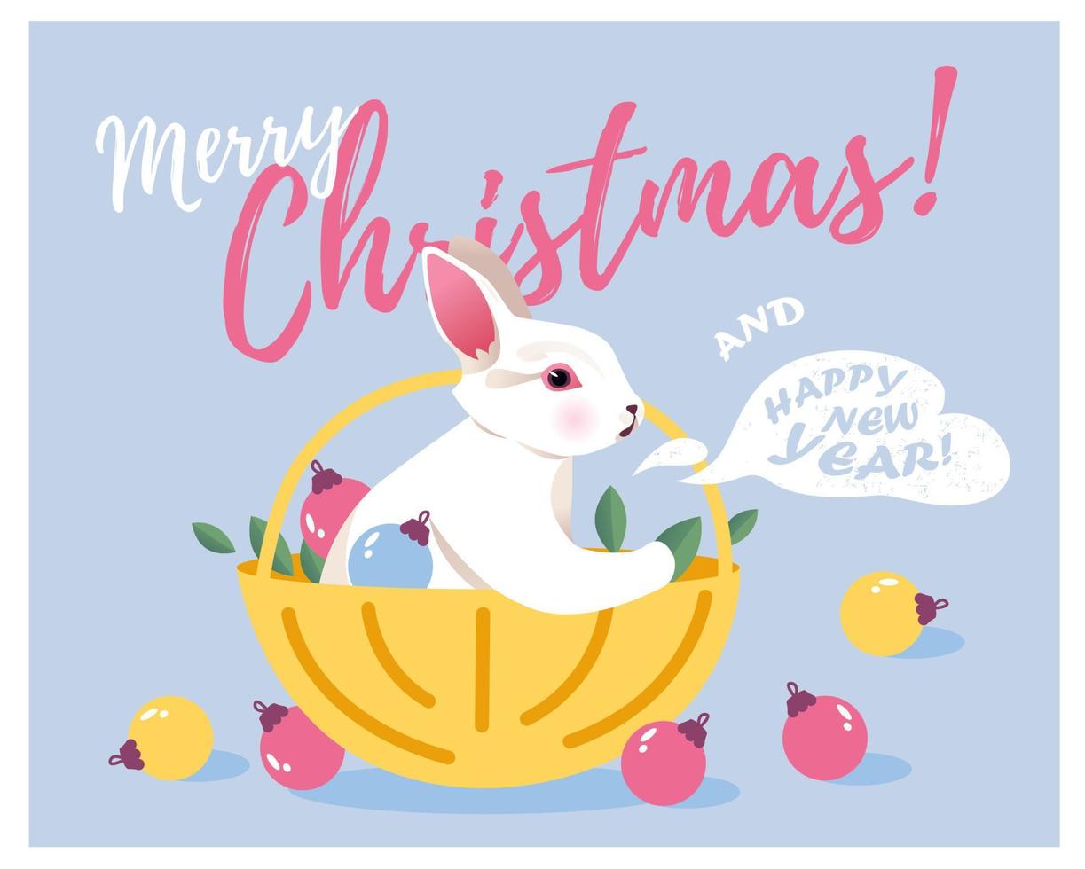 Christmas bunny in a basket with decorations. New Year and Christmas greeting card. vector