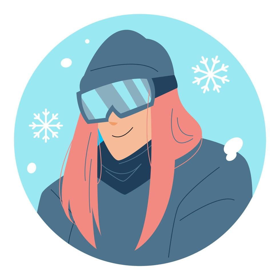 woman wearing ski goggles smiling. winter avatar character portrait. colorful cartoon vector illustration. modern fashion warm clothing. snowfall. snow icon. snowboard