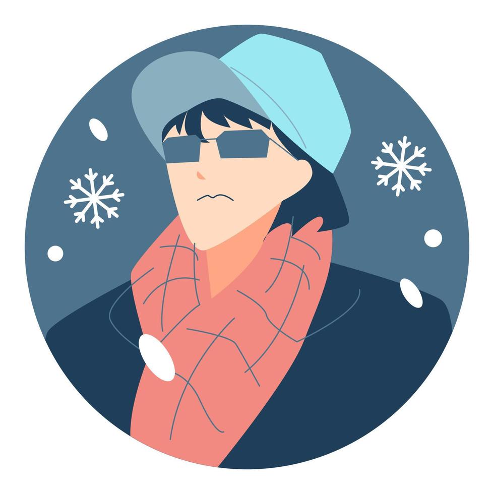 winter avatar character portrait. handsome man wearing glasses, hat and scarf. colorful cartoon vector illustration. modern fashion warm clothing. snowfall. snow icon.