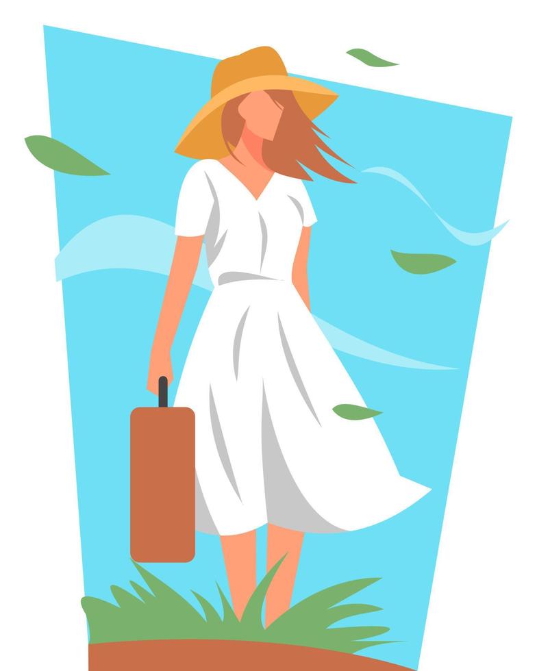 mujer madura de pie sosteniendo y llevando maleta. prepárate para vacaciones, viajes. fondo azul cielo. concepto de estilo de moda, estilo, belleza, vacaciones, etc. ilustraciones de vectores planos.