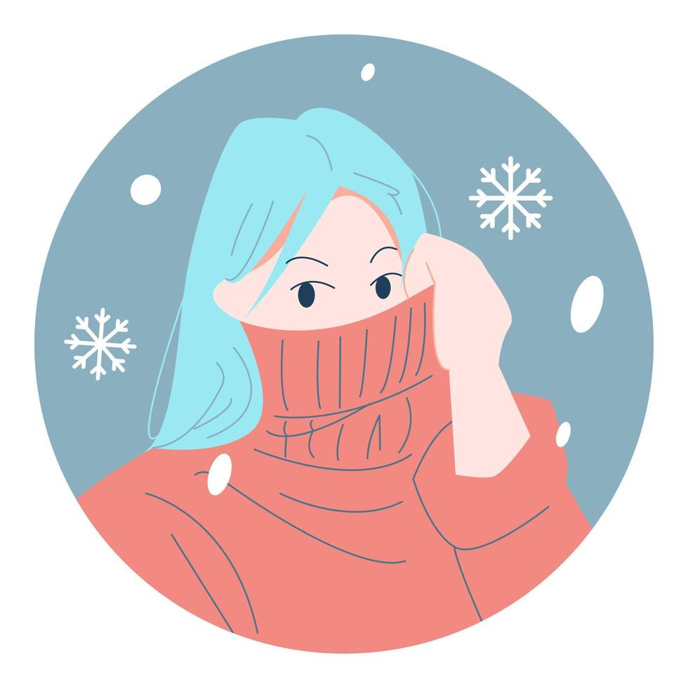 winter avatar character portrait. beautiful woman in sweater cover face. colorful cartoon vector illustration. modern fashion warm clothing. snowfall. snow icon.