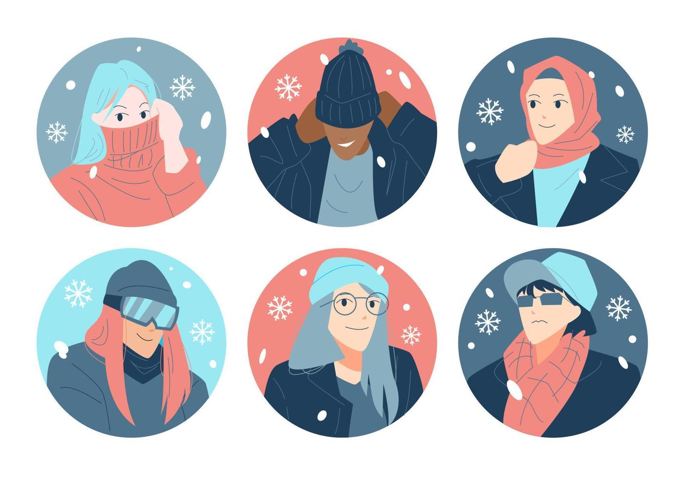 establecer una colección de personajes de avatar de invierno. ilustración de dibujos animados coloridos. ropa de abrigo de moda moderna. nevada. icono de nieve. vector