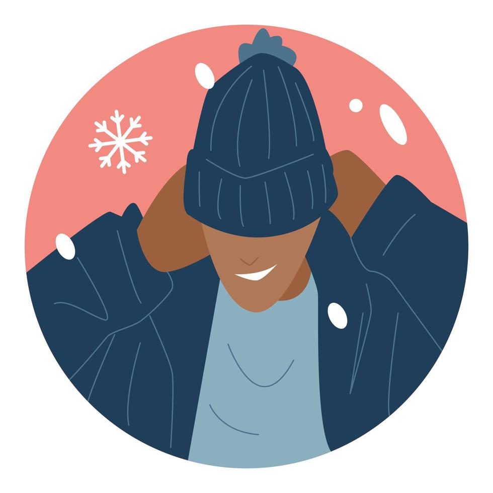 winter avatar character portrait. African American man wearing a beanie hat. smiling black man colorful cartoon vector illustration. modern fashion warm clothing. snowfall. snow icon.