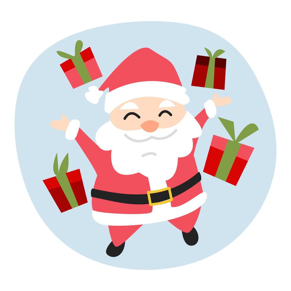 cute santa claus with happy expression with lots of gift boxes. concept of christmas, celebration, gift. for greeting card, template, print, sticker, etc. vector illustration