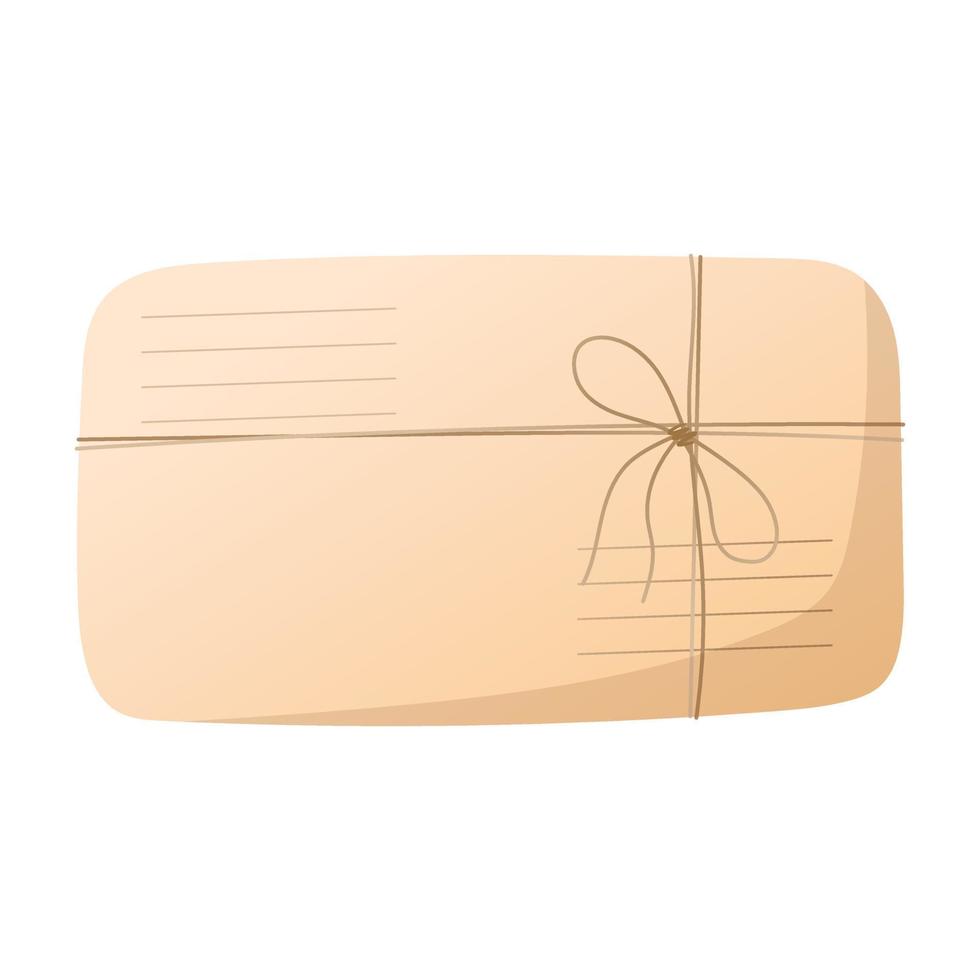 Cartoon craft envelope with a letter inside with ties. Isolated illustration of a parcel on a white background. vector