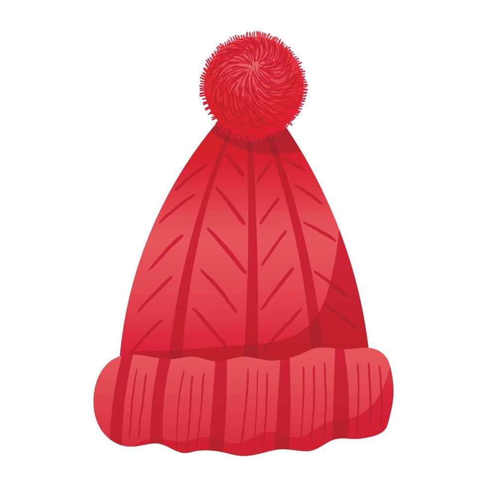 Vector isolated Christmas cartoon illustration of funny red knitted wool hat with pompom.