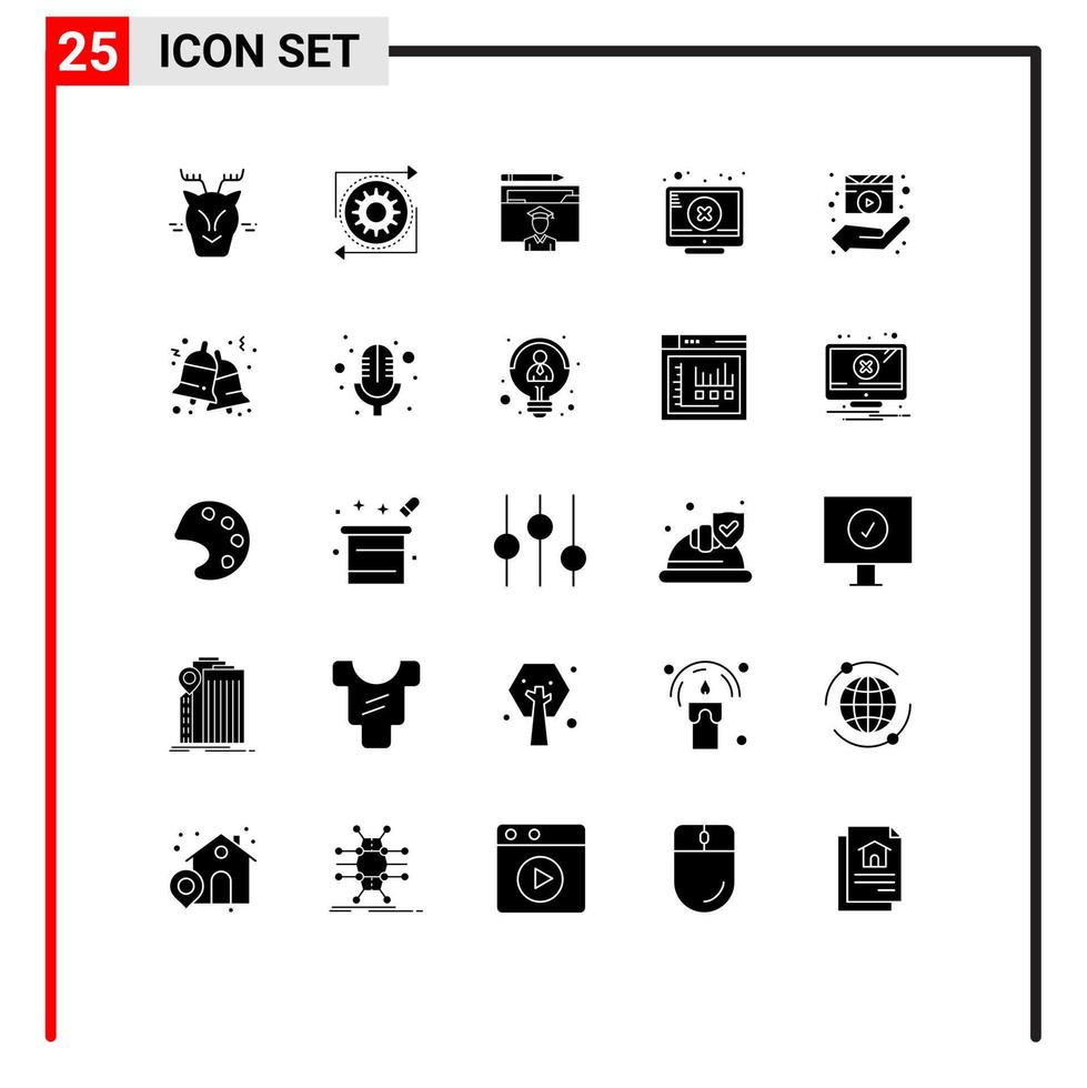 25 Universal Solid Glyph Signs Symbols of attention close process screen graduation Editable Vector Design Elements