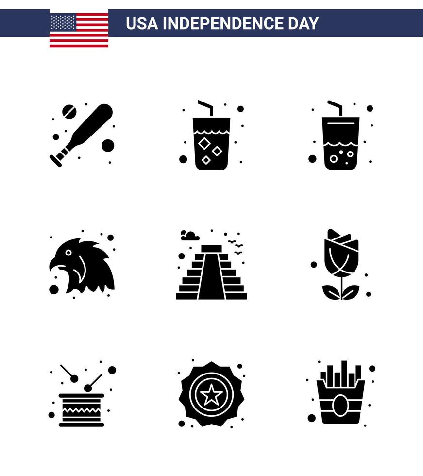 9 USA Solid Glyph Pack of Independence Day Signs and Symbols of usa building drink american bird Editable USA Day Vector Design Elements