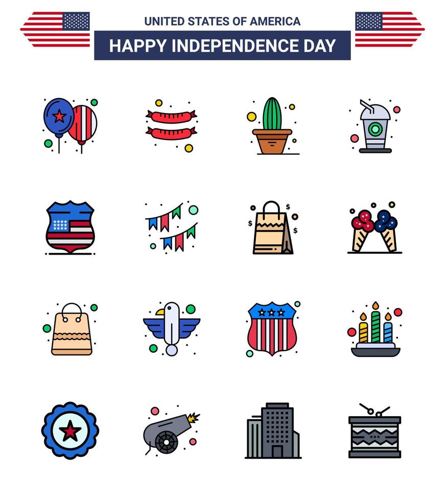 Happy Independence Day USA Pack of 16 Creative Flat Filled Lines of usa shield flower soda cola Editable USA Day Vector Design Elements