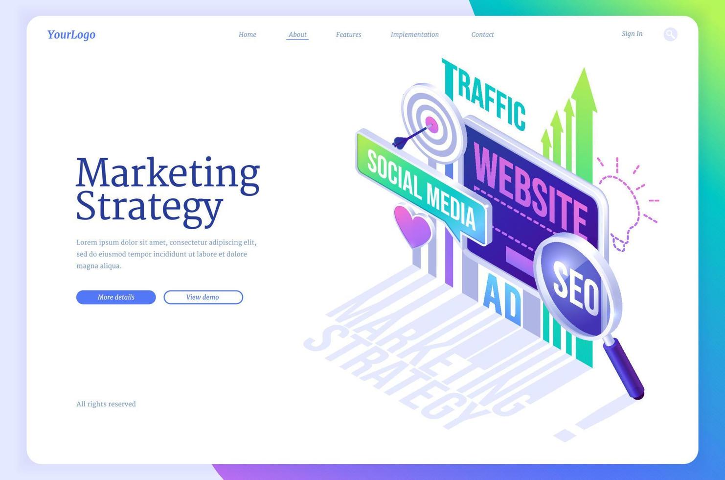 Marketing strategy isometric landing page, finance vector