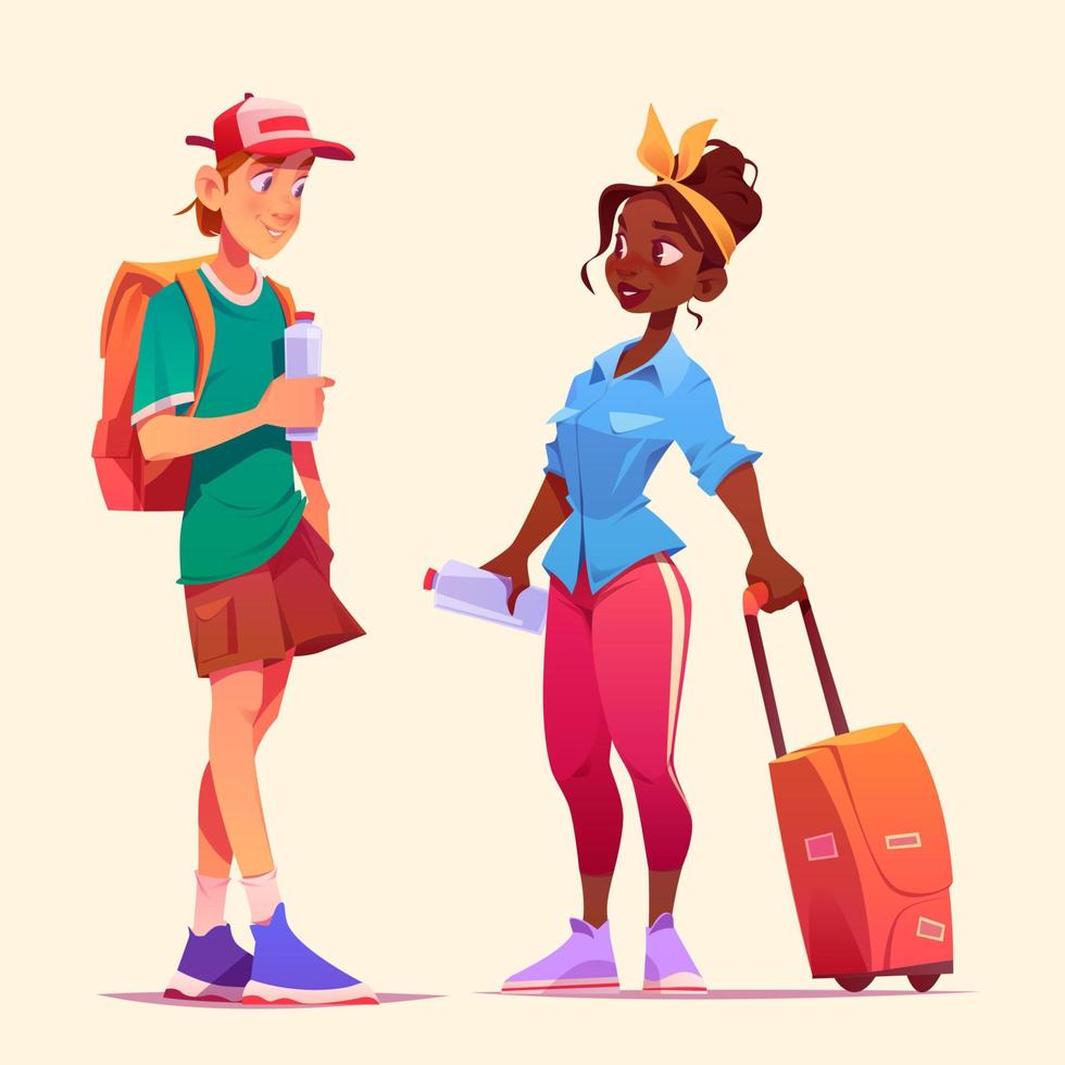 Tourists talk, man and woman meet in travel vector