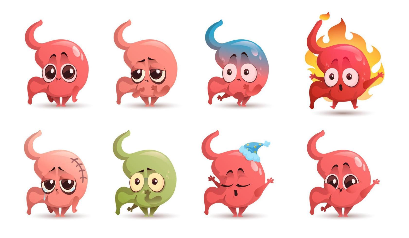 lindo personaje estomacal con diferentes emociones vector