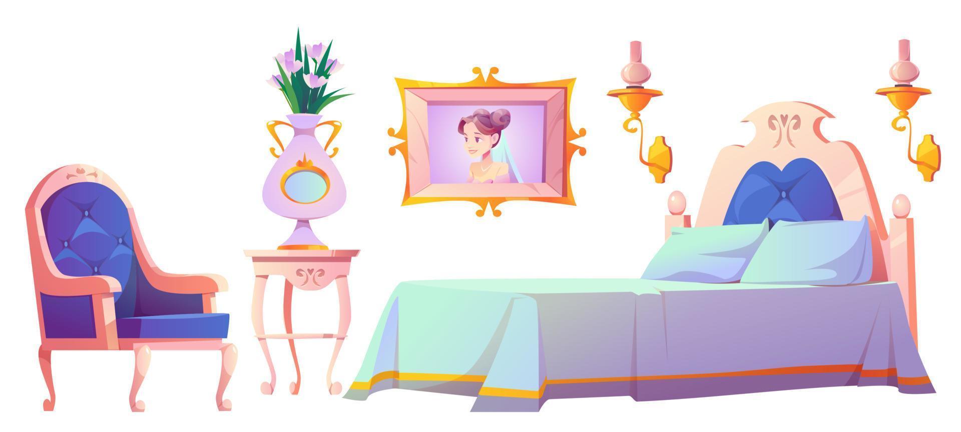 Princess bedroom interior set, vintage room vector